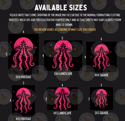 a collection of pink jellyfish illustrations in various sizes, ranging from 5x4 to 5x6. The illustrations are arranged in a grid format, with each row representing a different size and the columns representing the different types of jellyfish. The image does not contain any text, and the jellyfish illustrations are the main focus.