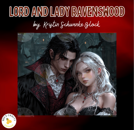 a man and a woman dressed in Victorian-era attire, with the man wearing a black cape and the woman wearing a white dress with a red headband.