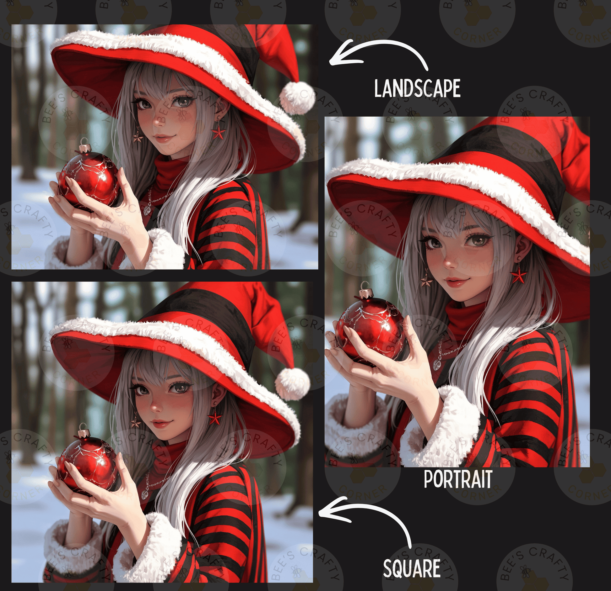 The image is a collage of three images featuring a young woman wearing a red and black striped outfit and a large red hat, holding a red ornament. The collage includes a landscape image, a portrait, and a square image, each with a caption indicating the type of image it is.