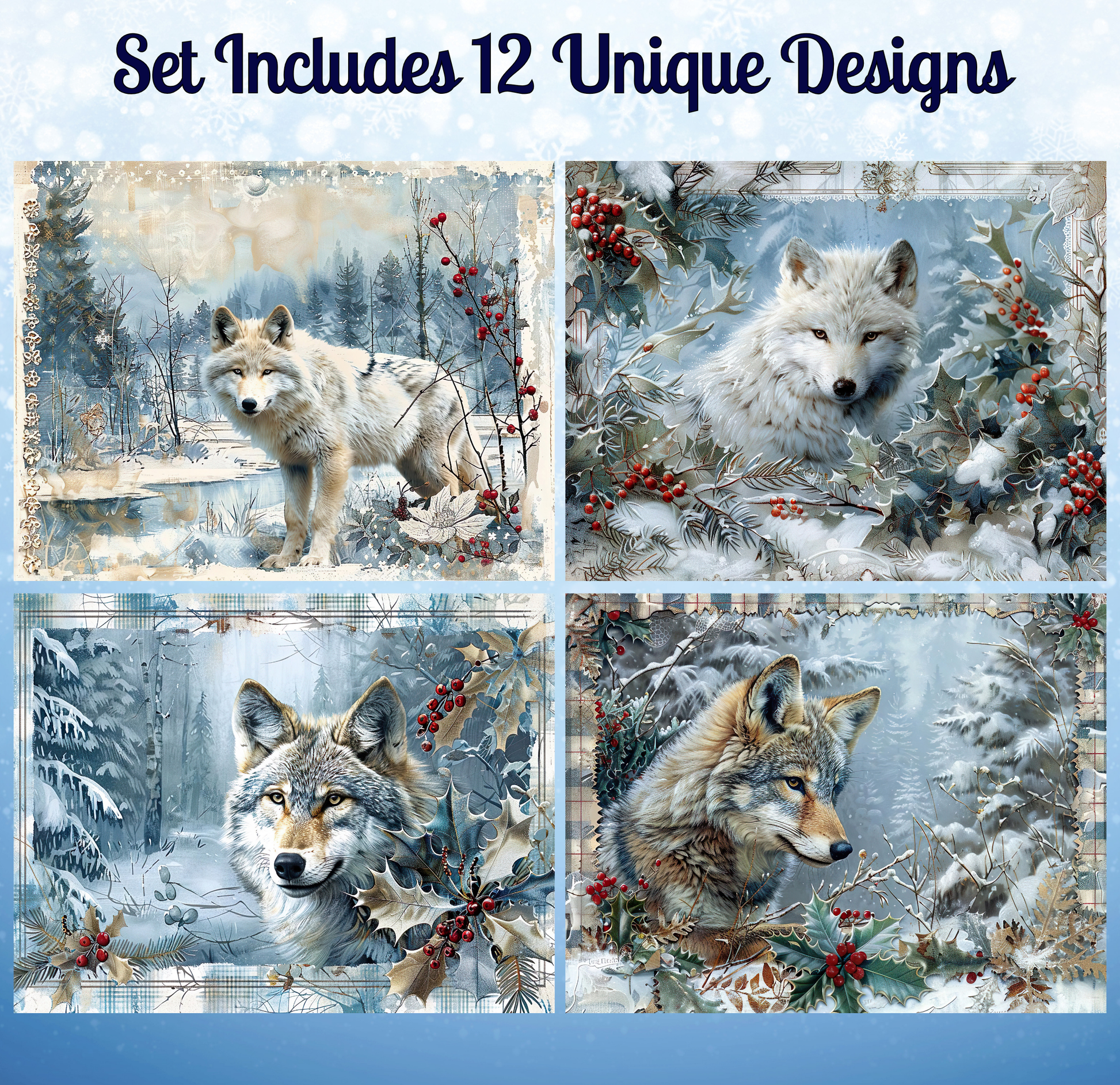 a set of four pictures depicting various scenes of wolves in a snowy forest environment.