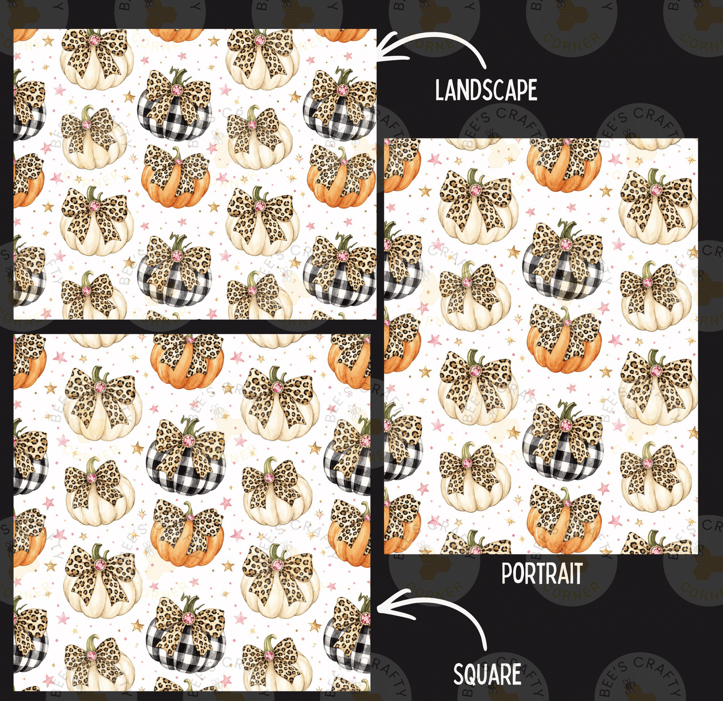 a repeating pattern of leopard print pumpkins with bows on a white background. There are three different views of the pattern: a landscape, a portrait, and a square.