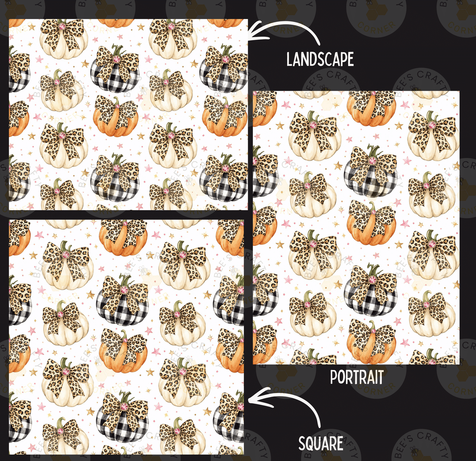 a repeating pattern of leopard print pumpkins with bows on a white background. There are three different views of the pattern: a landscape, a portrait, and a square.