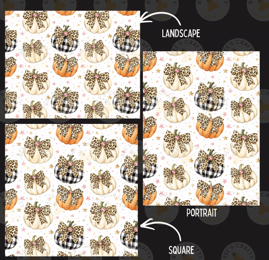 a repeating pattern of leopard print pumpkins with bows on a white background. There are three different views of the pattern: a landscape, a portrait, and a square.