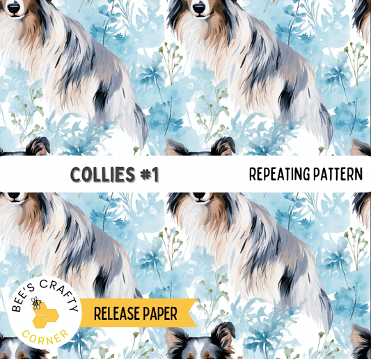 The image is a repeating pattern of collie dogs against a blue floral background.