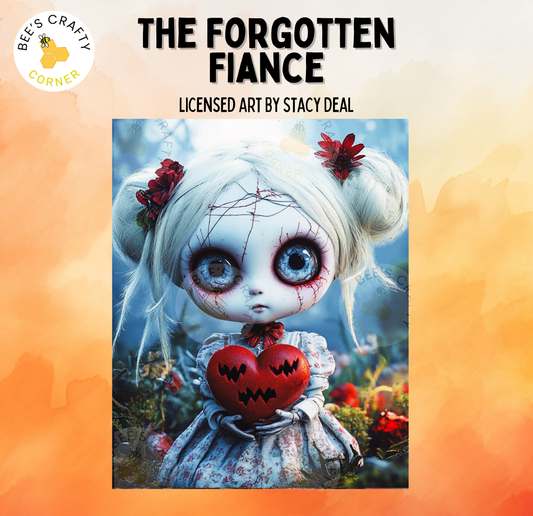 The image is a digital artwork depicting a creepy, gothic-style doll with a white face, red flowers, and a red heart. The doll is holding a red heart with a skull design. The background features a dark, moody color palette with some floral elements. The image is a collage of multiple images, and the text "The Forgotten Fiance" is visible, indicating the title of the artwork.