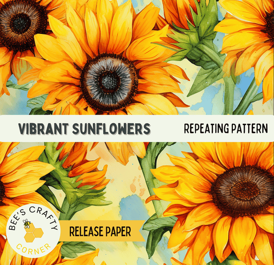 The image is a vibrant collage of multiple sunflower images, featuring a repeating pattern of yellow and orange sunflowers against a blue and green background.