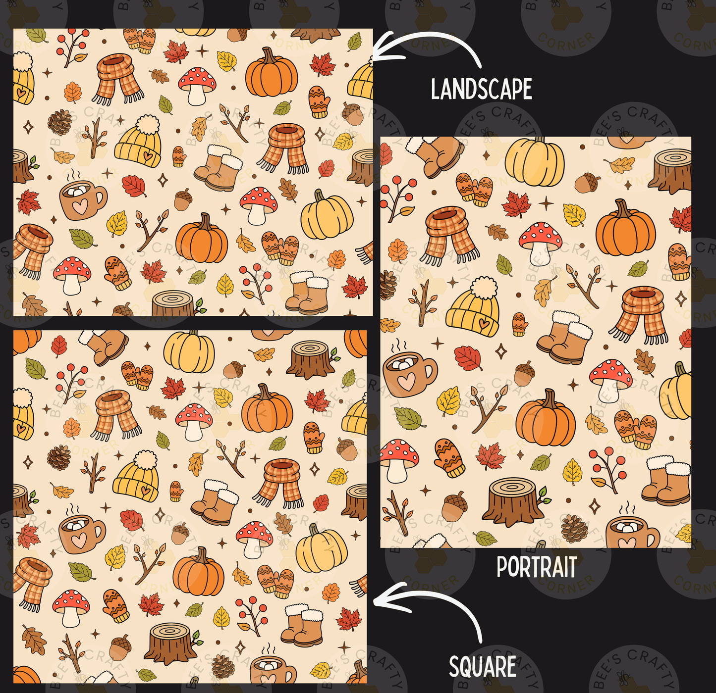a collage of three square images, each featuring a variety of autumn-themed objects such as pumpkins, leaves, mushrooms, and hats. The images are labeled as "Landscape" and "Portrait" to indicate their respective styles.