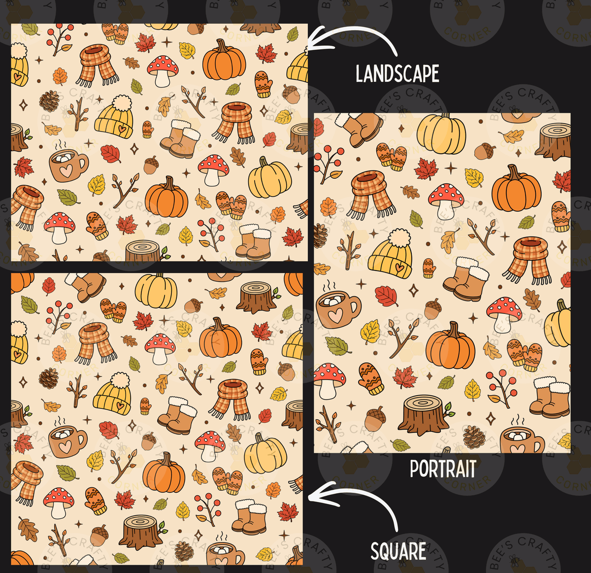 a collage of three square images, each featuring a variety of autumn-themed objects such as pumpkins, leaves, mushrooms, and hats. The images are labeled as "Landscape" and "Portrait" to indicate their respective styles.