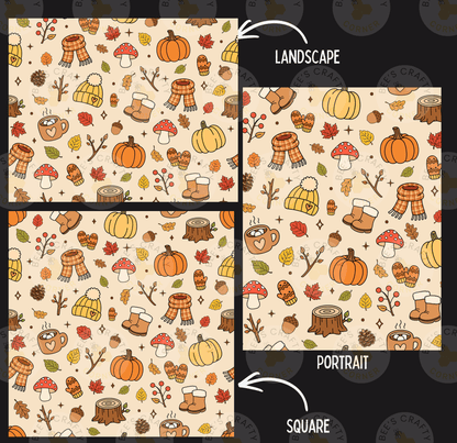 a collage of three square images, each featuring a variety of autumn-themed objects such as pumpkins, leaves, mushrooms, and hats. The images are labeled as "Landscape" and "Portrait" to indicate their respective styles.