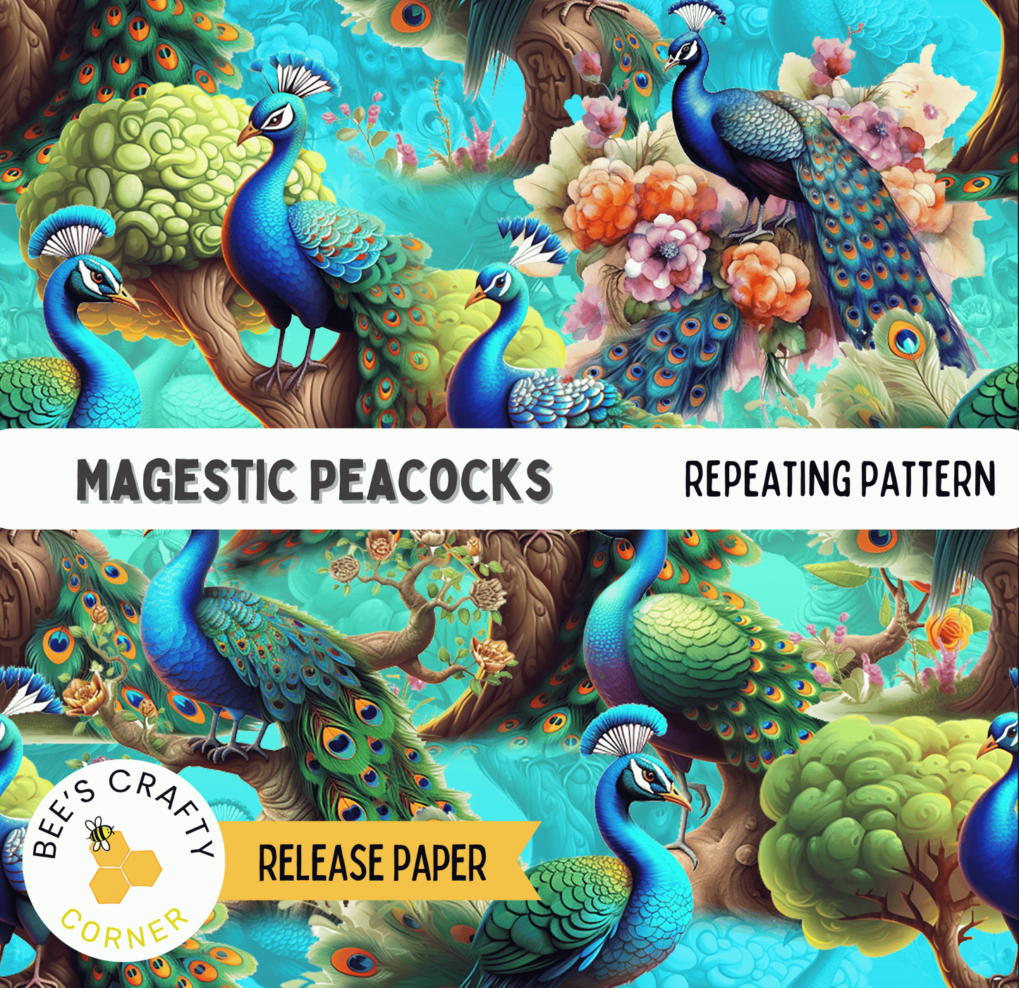 The image is a vibrant and colorful collage featuring a repeating pattern of majestic peacocks in various poses and settings, surrounded by flowers and foliage.