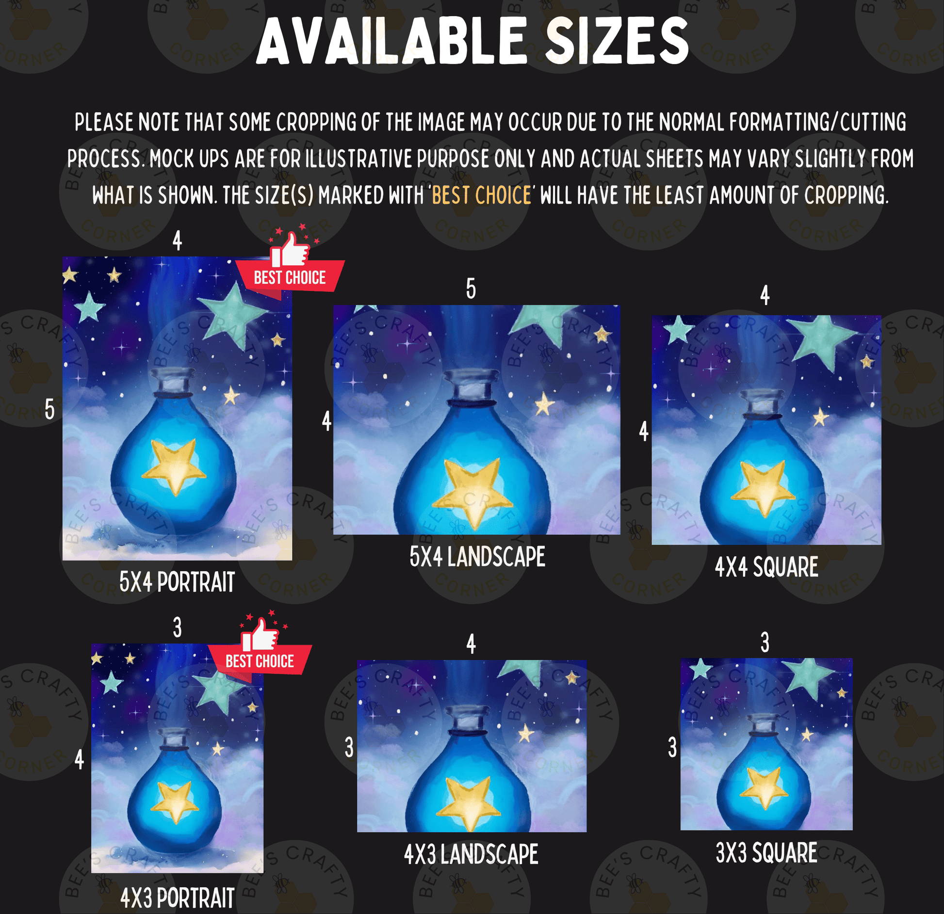 The image is a collage of six different sizes of paintings or illustrations, each depicting a blue glass bottle with a star on it. The sizes range from 5x4 to 5x3, and the images are labeled with the corresponding size.