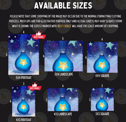 The image is a collage of six different sizes of paintings or illustrations, each depicting a blue glass bottle with a star on it. The sizes range from 5x4 to 5x3, and the images are labeled with the corresponding size.