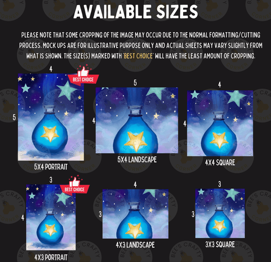 The image is a collage of six different sizes of paintings or illustrations, each depicting a blue glass bottle with a star on it. The sizes range from 5x4 to 5x3, and the images are labeled with the corresponding size.