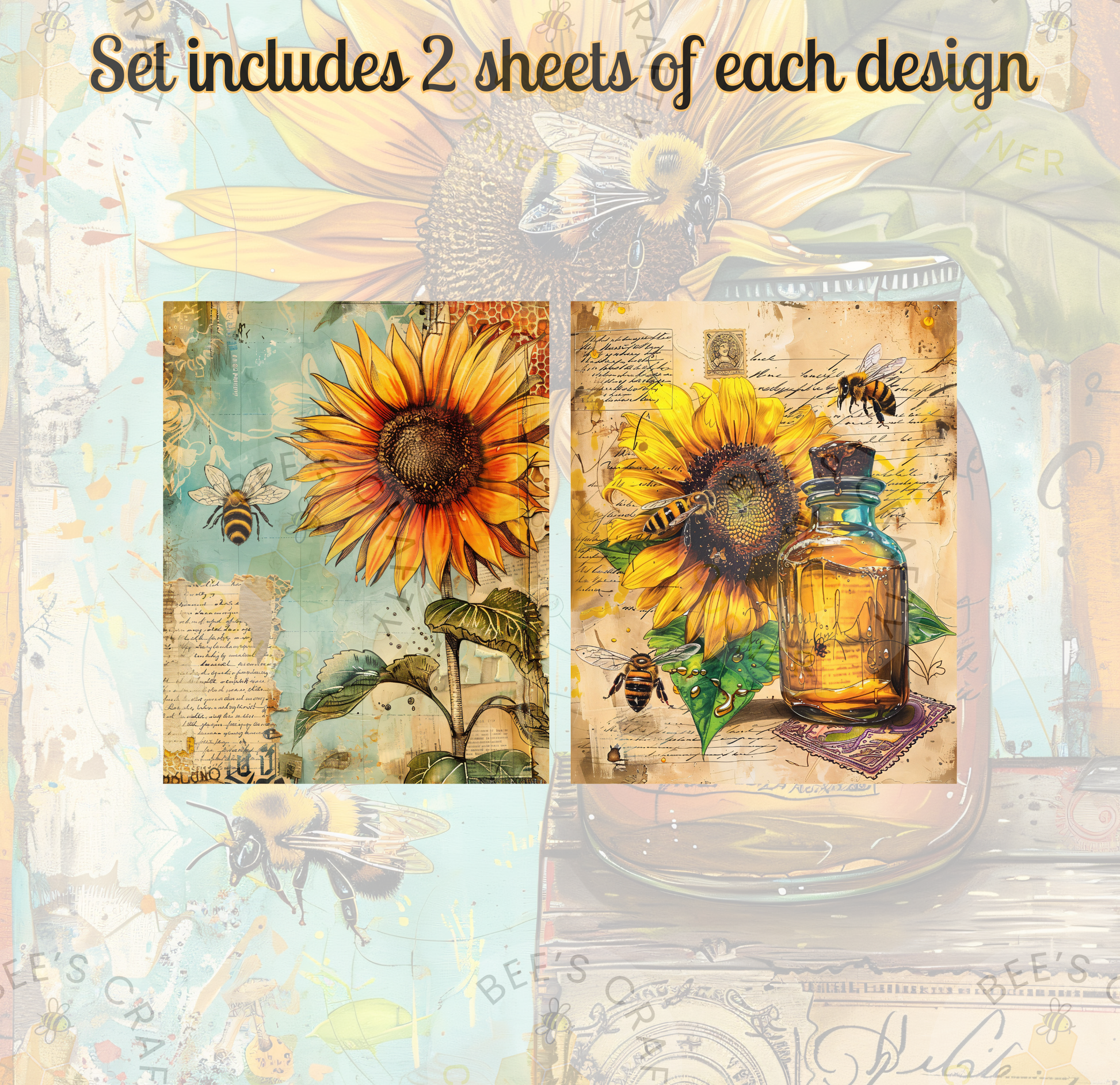 two framed artworks featuring sunflowers and bees. The artworks are set in a package that includes two sheets of each design.