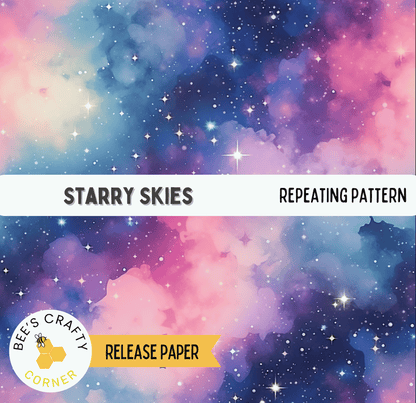 The image is a vibrant and colorful depiction of a starry night sky, with swirling clouds of pink, blue, and purple hues. The text "STARRY SKIES" and "REPEATING PATTERN" are prominently displayed, indicating the theme of the image. The phrase "RELEASE PAPER" suggests that this is a release or distribution of a pattern or design, and the "Bee's Crafty Corner" logo implies that the image may be from a source or platform related to crafting and design.