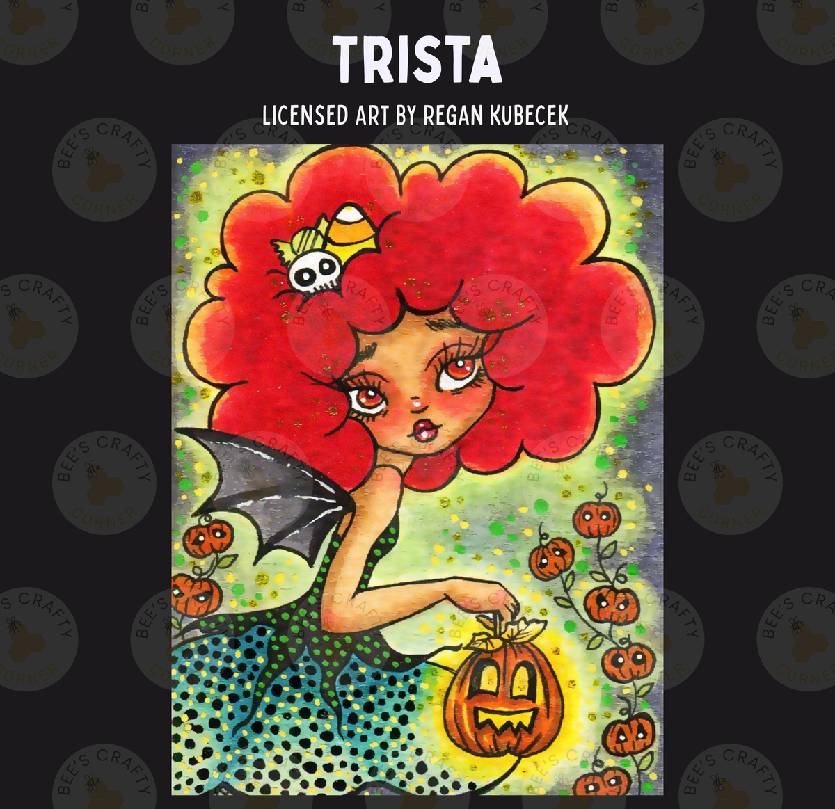 The image is a colorful illustration featuring a young girl with a large, red, curly hairstyle and a pumpkin-shaped lantern. She is surrounded by pumpkins and a bat-like creature, creating a whimsical and festive Halloween scene.