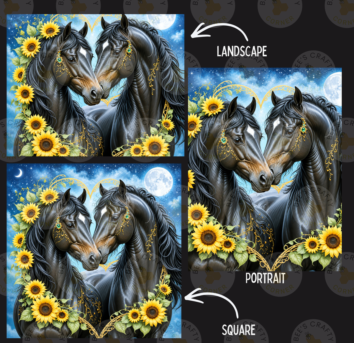 The image is a collage of three pictures depicting two horses with sunflowers surrounding them. The first picture shows the horses in a landscape setting, the second picture is a portrait of the same pair of horses, and the third picture is a square of the same pair of horses.