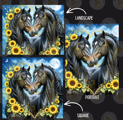 The image is a collage of three pictures depicting two horses with sunflowers surrounding them. The first picture shows the horses in a landscape setting, the second picture is a portrait of the same pair of horses, and the third picture is a square of the same pair of horses.