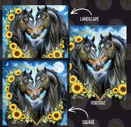 The image is a collage of three pictures depicting two horses with sunflowers surrounding them. The first picture shows the horses in a landscape setting, the second picture is a portrait of the same pair of horses, and the third picture is a square of the same pair of horses.