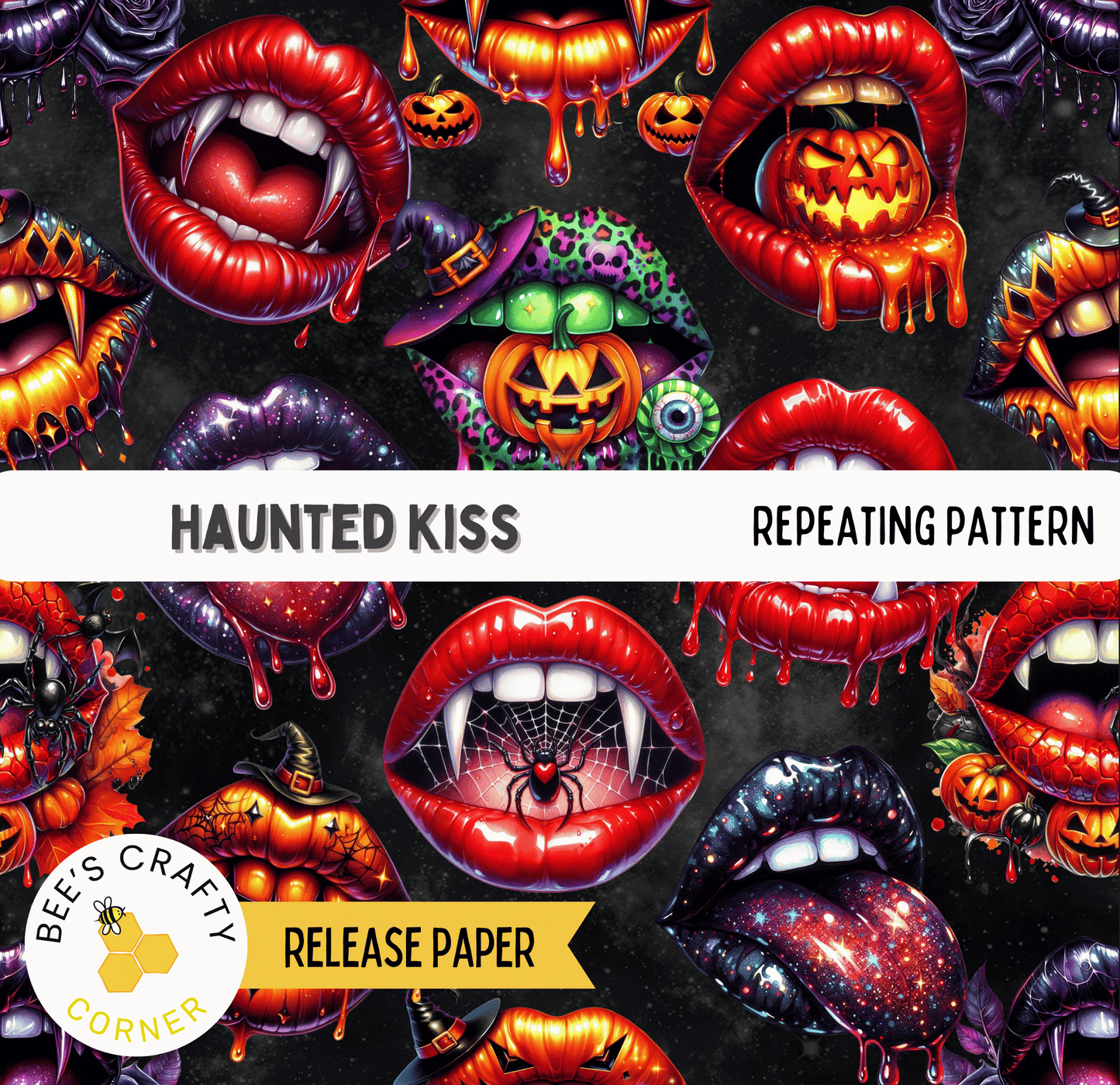 The image is a collage of various Halloween-themed images, including spooky lips, pumpkins, bats, and other Halloween-related elements. The collage is titled "Haunted Kiss" and includes the text "REPEATING PATTERN" and "RELEASE PAPER" at the bottom.