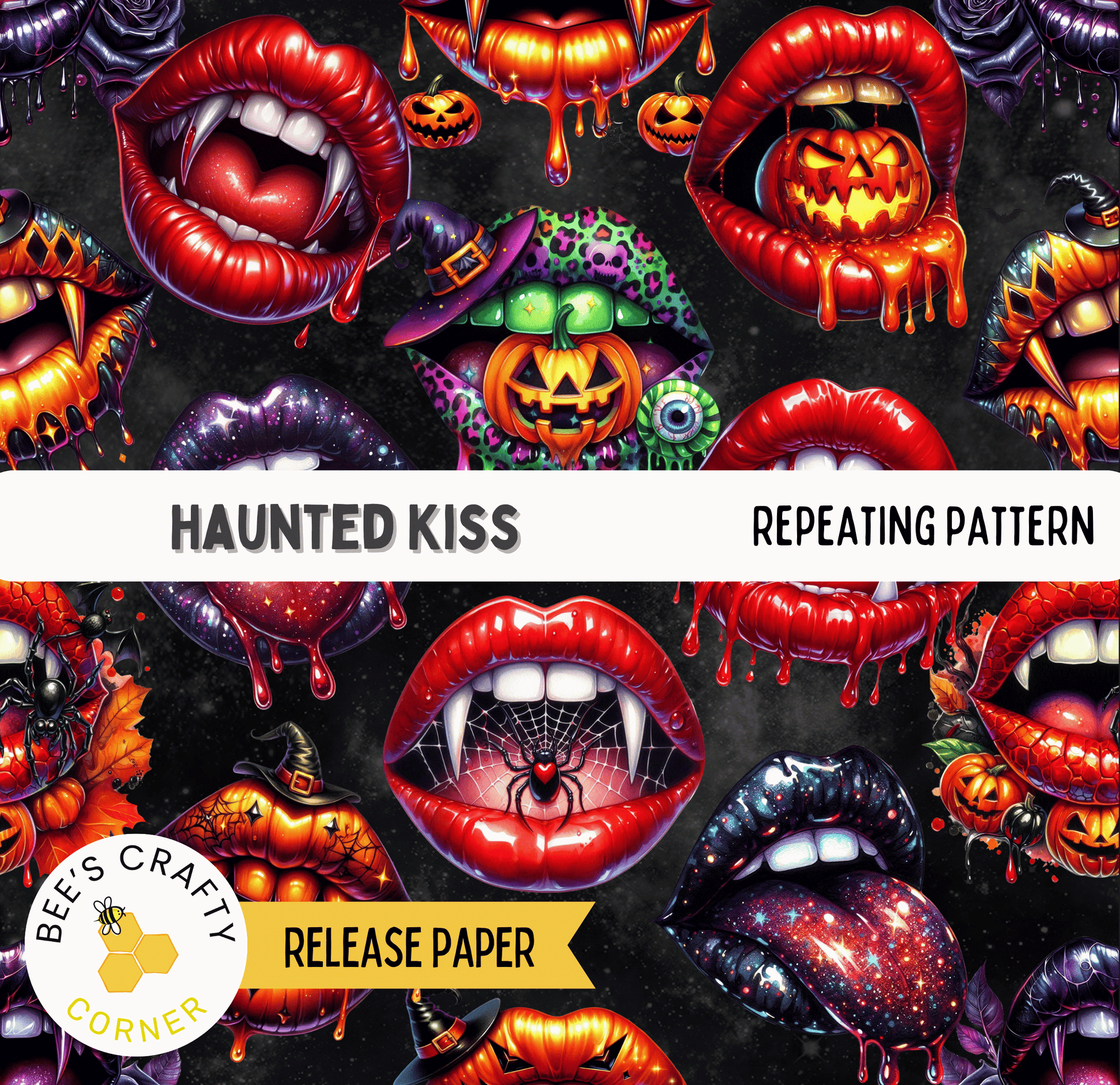 The image is a collage of various Halloween-themed images, including spooky lips, pumpkins, bats, and other Halloween-related elements. The collage is titled "Haunted Kiss" and includes the text "REPEATING PATTERN" and "RELEASE PAPER" at the bottom.