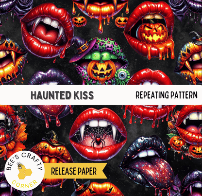The image is a collage of various Halloween-themed images, including spooky lips, pumpkins, bats, and other Halloween-related elements. The collage is titled "Haunted Kiss" and includes the text "REPEATING PATTERN" and "RELEASE PAPER" at the bottom.