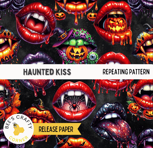 The image is a collage of various Halloween-themed images, including spooky lips, pumpkins, bats, and other Halloween-related elements. The collage is titled "Haunted Kiss" and includes the text "REPEATING PATTERN" and "RELEASE PAPER" at the bottom.