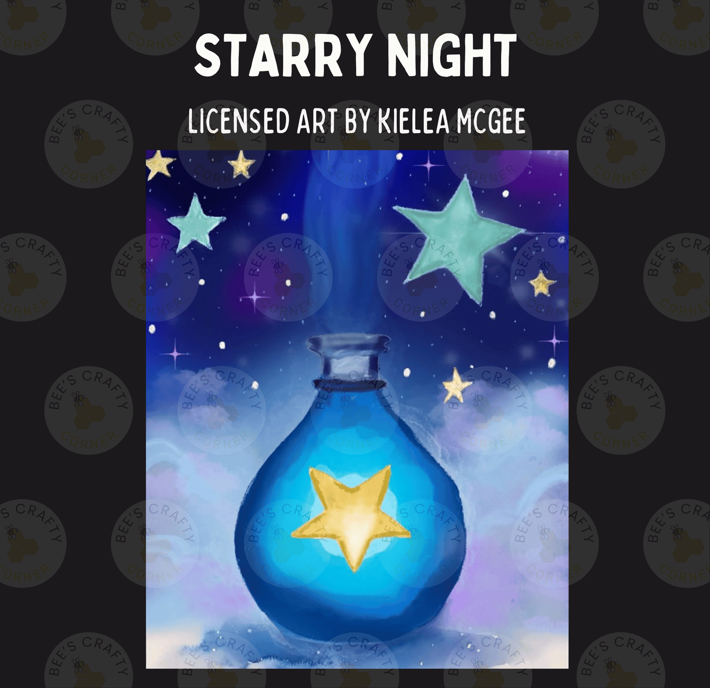 The image is a painting of a blue glass bottle with a yellow star on it, set against a night sky filled with stars and a purple hue.