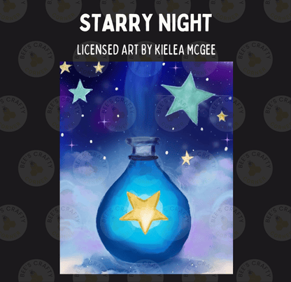 The image is a painting of a blue glass bottle with a yellow star on it, set against a night sky filled with stars and a purple hue.