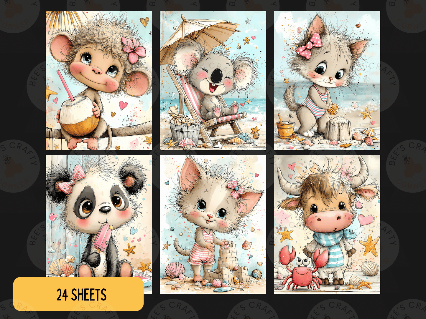 The image is a collage of six cute animal illustrations, each depicting a different animal in various playful and whimsical poses.