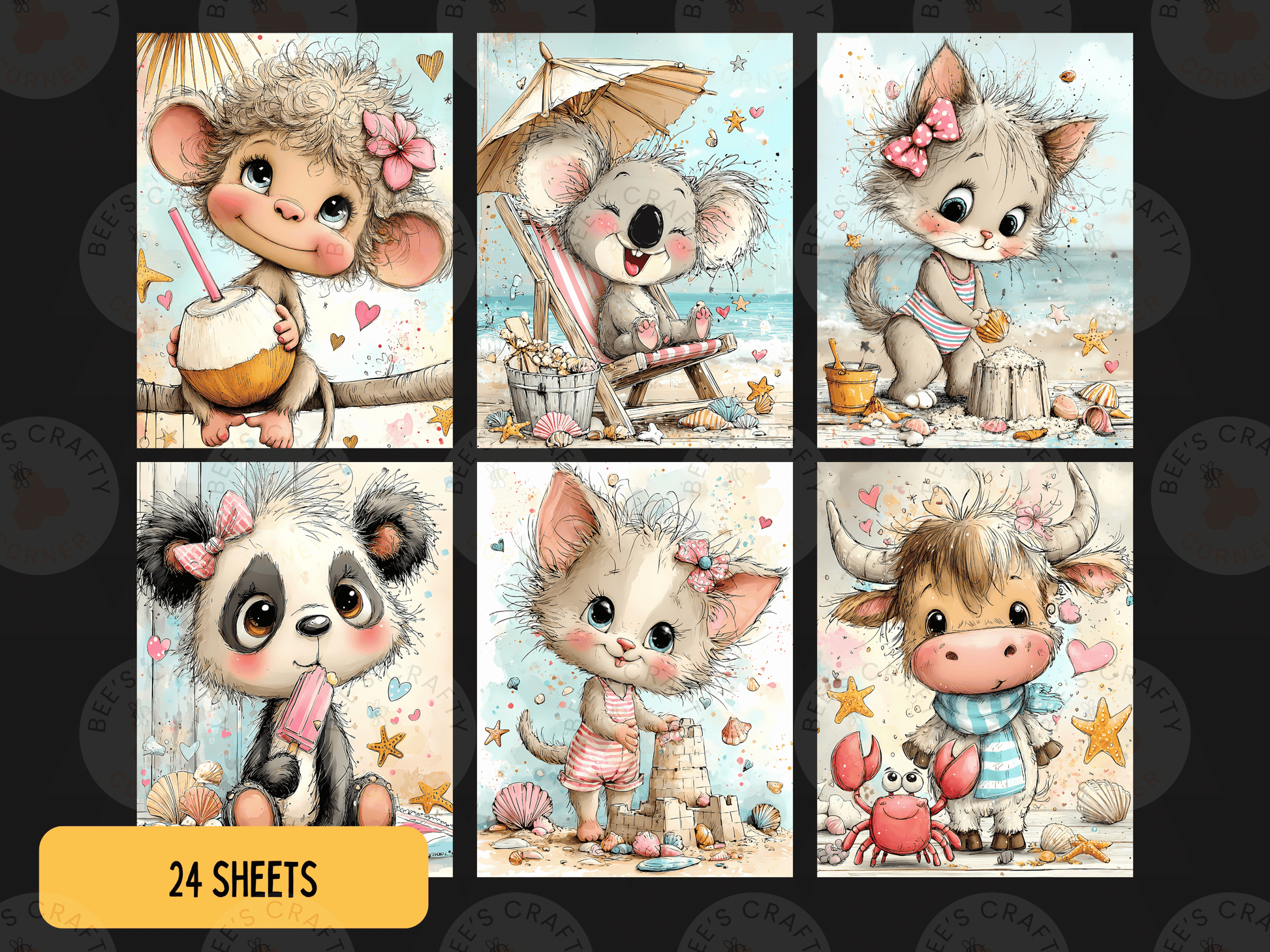 The image is a collage of six cute animal illustrations, each depicting a different animal in various playful and whimsical poses.