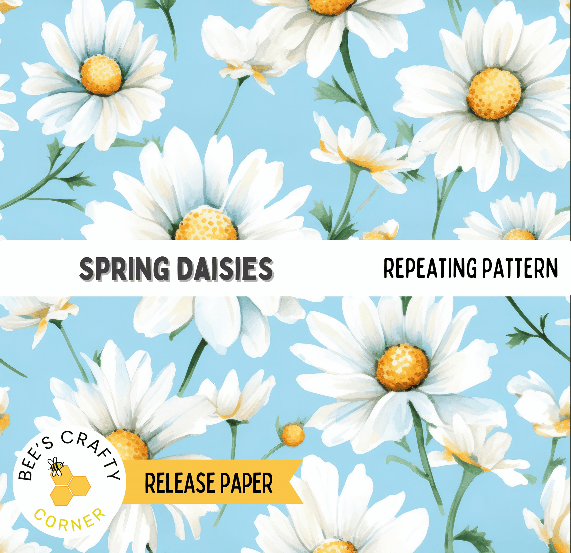 The image is a repeating pattern of white daisy flowers against a blue background.