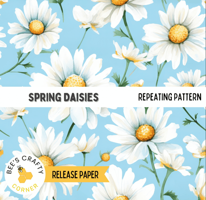 The image is a repeating pattern of white daisy flowers against a blue background.