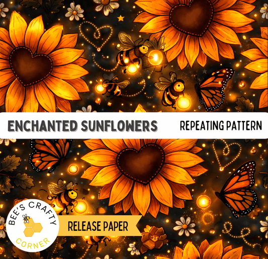 The image is a repeating pattern of sunflowers, butterflies, and bees, with a warm, glowing effect.