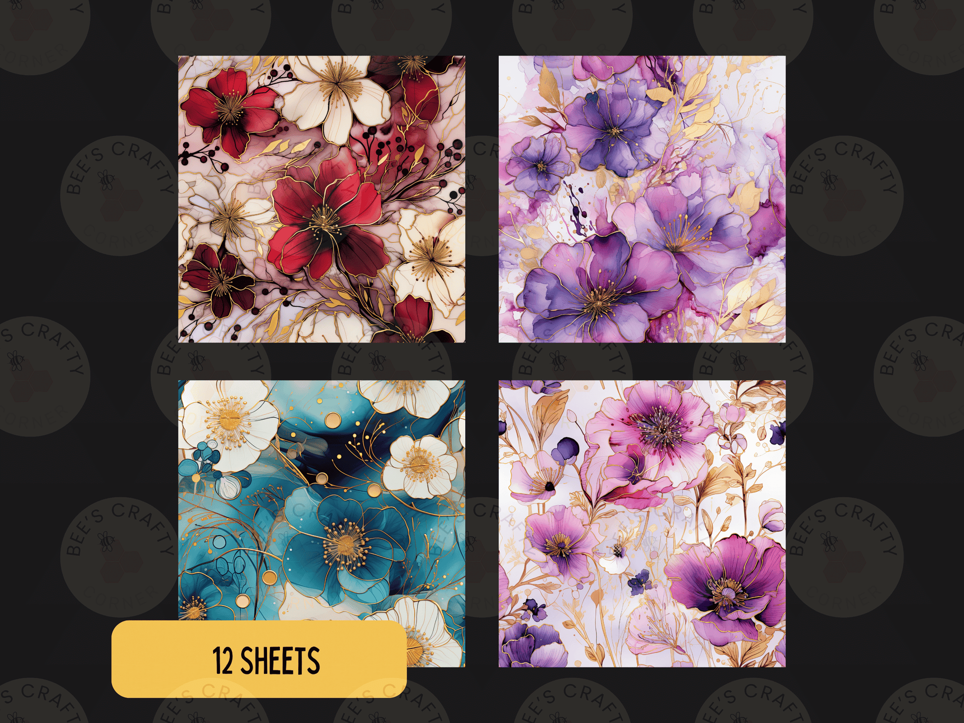 four square images, each with a different floral pattern. The images feature a variety of colors and designs, including red, white, blue, and purple flowers. The text "12 SHEETS" is displayed in the bottom left corner, indicating that there are a total of 12 images in the collage.