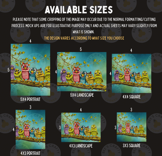 six different sizes of owl portraits, each with a unique design and arrangement of the owls on a branch. The sizes range from 5x4 to 5x3, and the images are labeled accordingly.