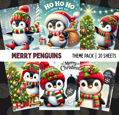 The image is a collage of six Christmas-themed illustrations featuring cheerful penguins in festive attire, including Santa hats, scarves, and presents.