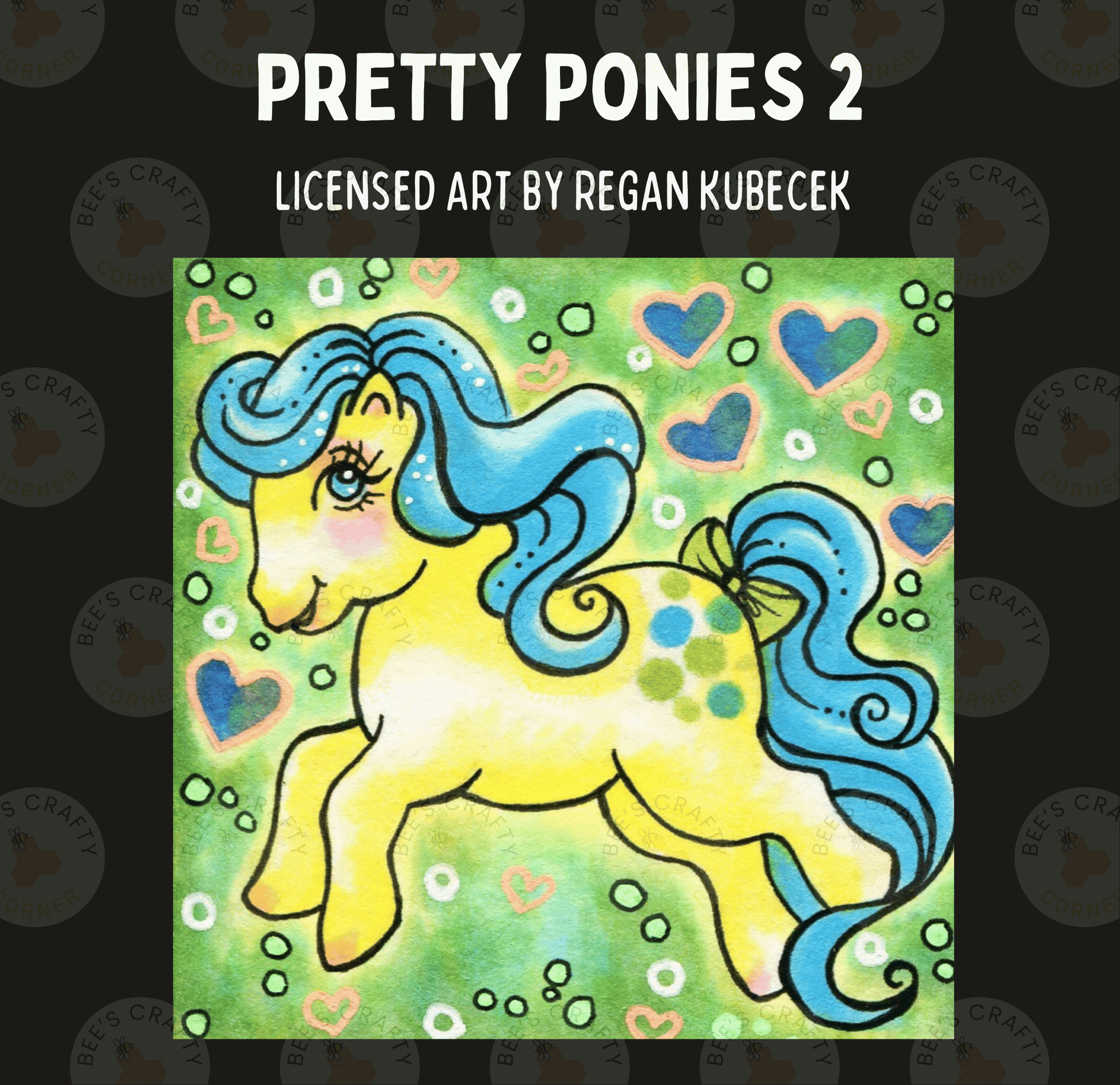 The image is a vibrant illustration of a yellow pony with blue mane and tail, surrounded by hearts and bubbles. The pony is the central focus of the image, with a background of green and pink colors. The image is a collage of various other images, creating a visually appealing and colorful composition.