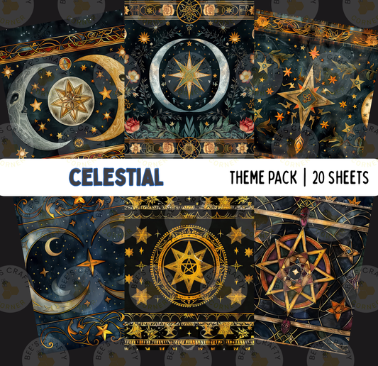The image is a theme pack containing 20 sheets of celestial-themed artwork. The artwork features various celestial elements such as stars, crescents, and other cosmic motifs, all rendered in a striking gold and black color scheme. The overall design is intricate and visually captivating, showcasing the artist's skill and creativity in capturing the beauty and majesty of the night sky.