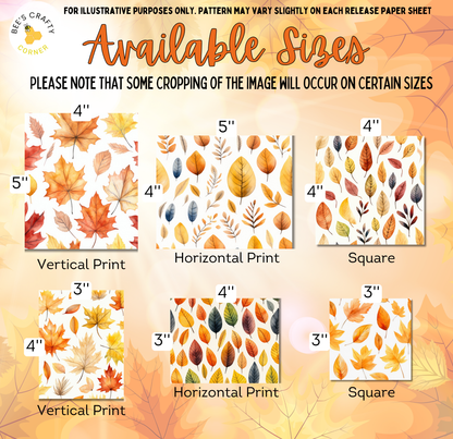 The image is a collection of six different fall-themed patterns, each with a unique size and design. The patterns include vertical and horizontal leaf designs, as well as square and rectangular leaf patterns. The text indicates that some cropping of the image will occur on certain sizes, and the available sizes are 4", 5", 4", 5", 4", and 3".