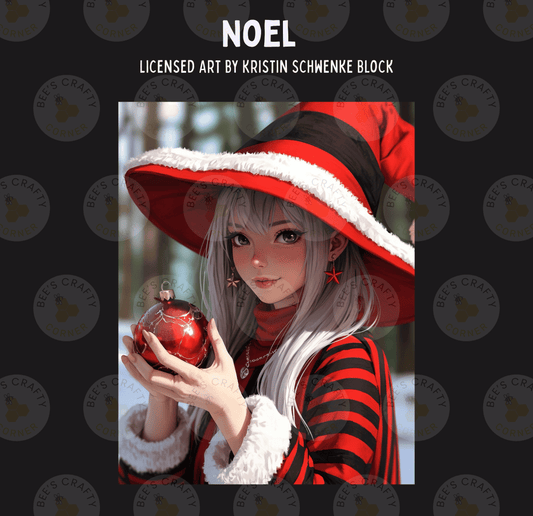 The image is a digital illustration of a young woman wearing a red and black striped outfit, holding a red ornament.