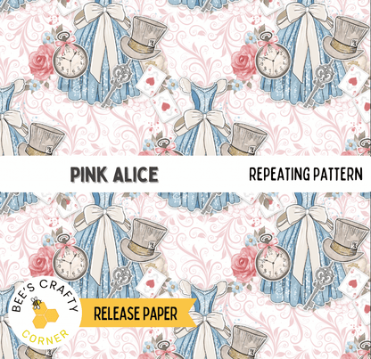 The image is a repeating pattern featuring various whimsical and decorative elements such as clocks, hats, dresses, and flowers. The pattern is designed to resemble a book or a book-themed design.