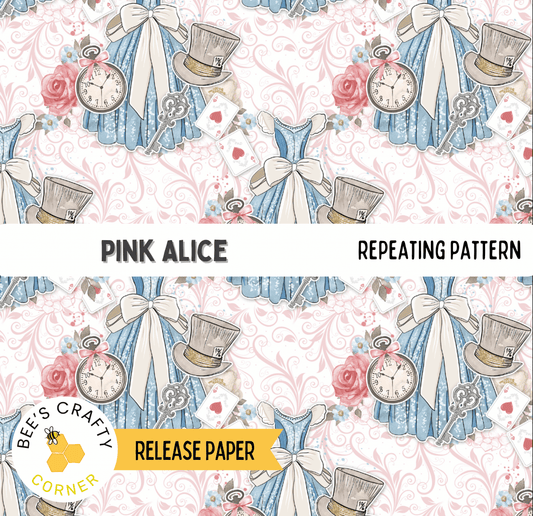The image is a repeating pattern featuring various whimsical and decorative elements such as clocks, hats, dresses, and flowers. The pattern is designed to resemble a book or a book-themed design.