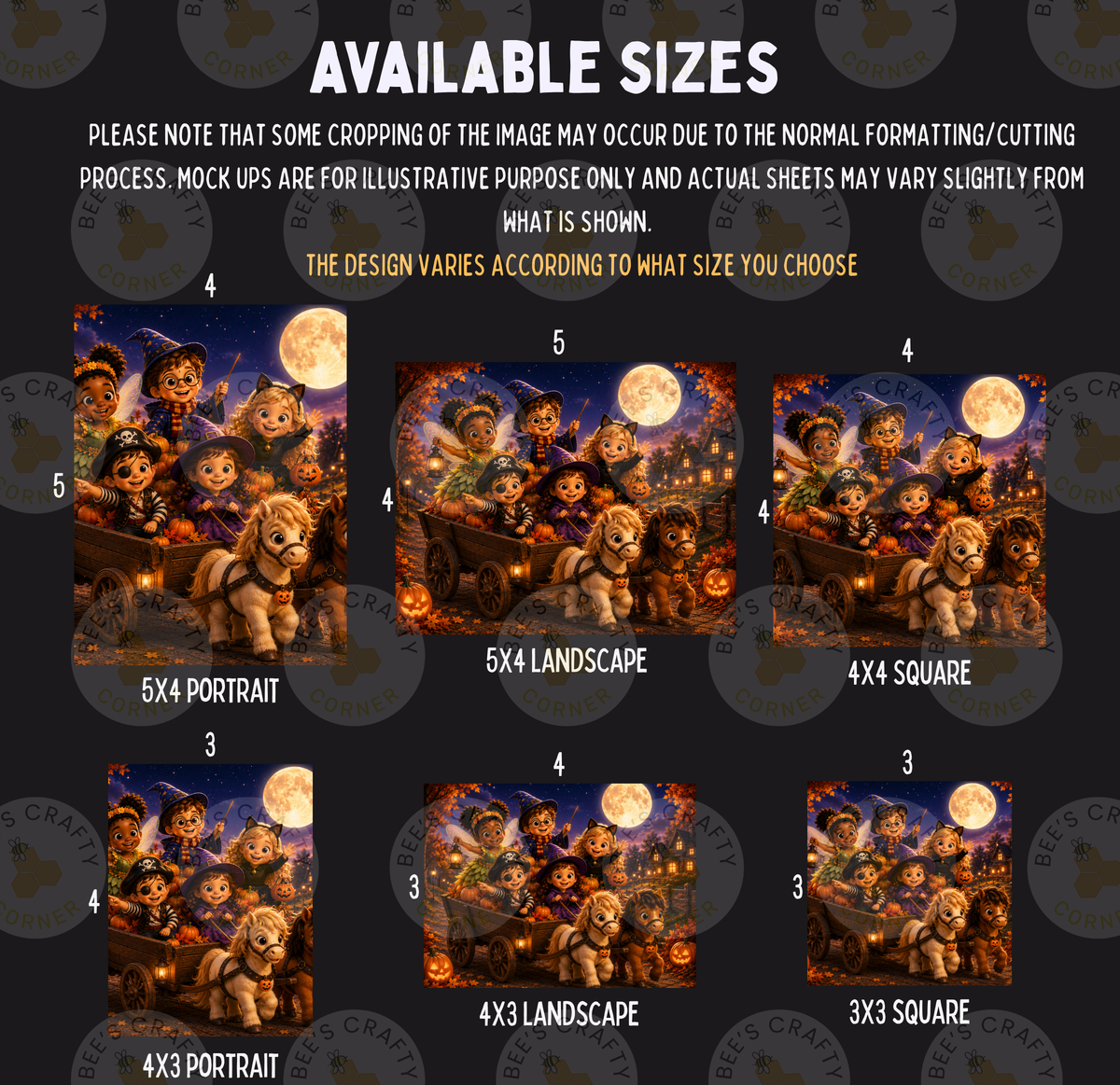a collage of six different sizes of Halloween-themed illustrations, including a portrait, landscape, square, and portrait. The illustrations depict various characters and scenes related to Halloween, such as a group of children in a wagon and a full moon. The sizes of the illustrations vary, ranging from 5x4 to 5x3, and the images are presented in a grid format.