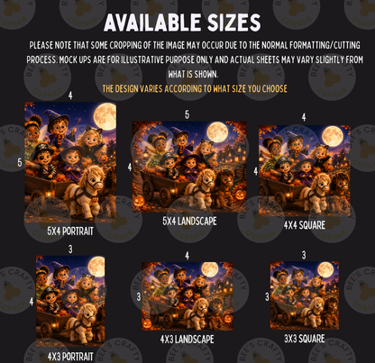 a collage of six different sizes of Halloween-themed illustrations, including a portrait, landscape, square, and portrait. The illustrations depict various characters and scenes related to Halloween, such as a group of children in a wagon and a full moon. The sizes of the illustrations vary, ranging from 5x4 to 5x3, and the images are presented in a grid format.