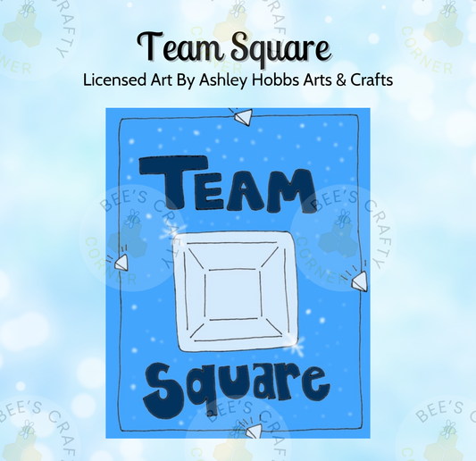 The image is a digital illustration featuring the text "Team Square" and a graphic of a square with a white border, set against a blue background with white stars.