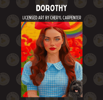 A digital illustration of a woman with red hair wearing a blue dress and a red bow, holding a small dog.