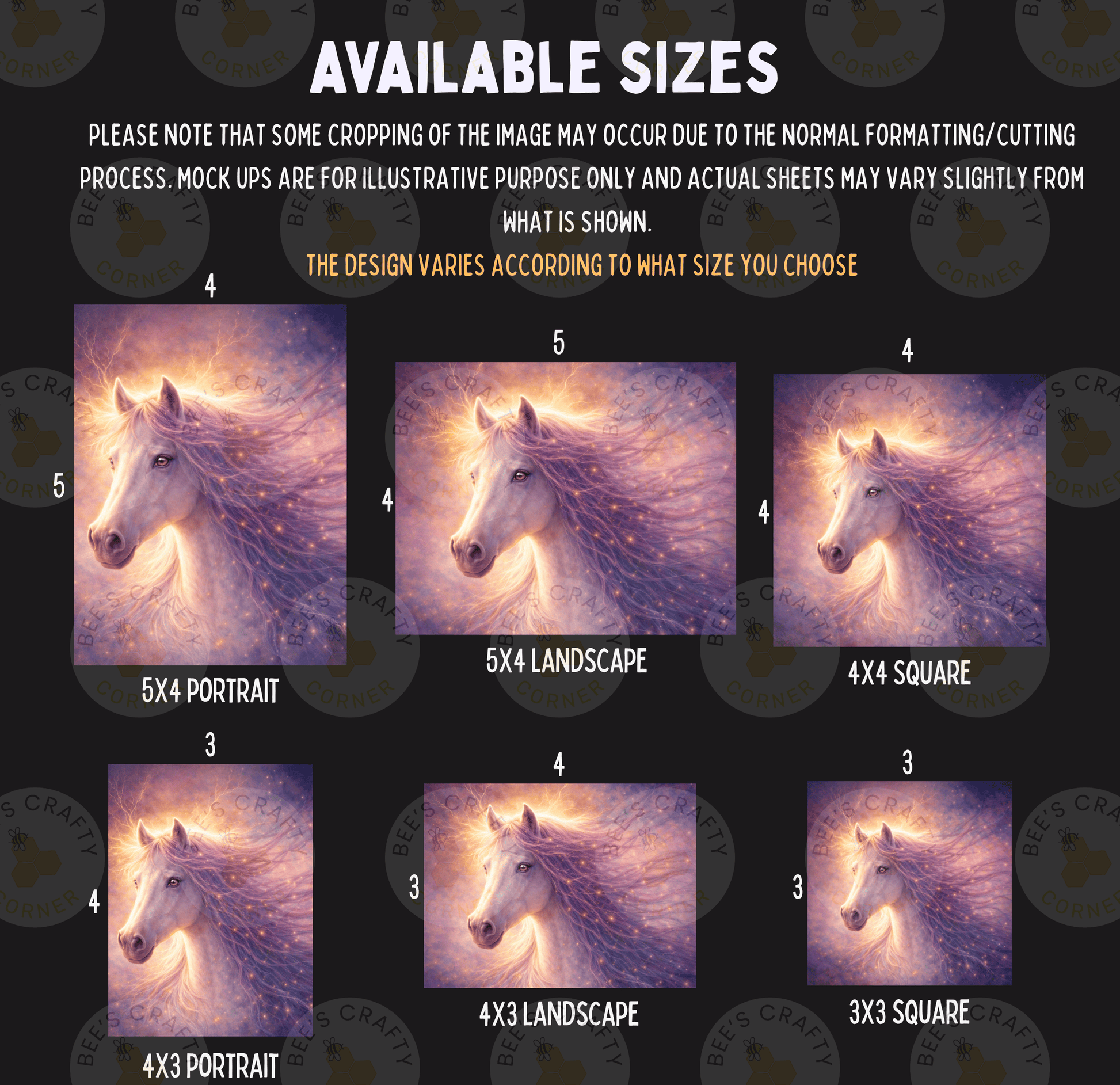 six different sizes of a portrait of a white horse, with varying levels of detail and resolution. The sizes range from 5x4 to 5x3, and the resolution varies from 3x3 to 3x4. The image is a collage of multiple images, and the text indicates that some cropping may occur due to the normal formatting/cutting process, and mock-ups are for illustrative purposes only. The actual sheets may vary slightly from what is shown.