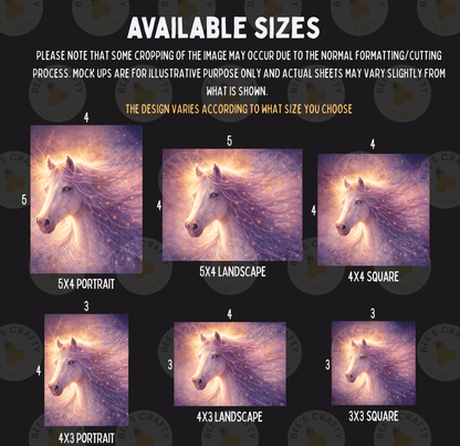 six different sizes of a portrait of a white horse, with varying levels of detail and resolution. The sizes range from 5x4 to 5x3, and the resolution varies from 3x3 to 3x4. The image is a collage of multiple images, and the text indicates that some cropping may occur due to the normal formatting/cutting process, and mock-ups are for illustrative purposes only. The actual sheets may vary slightly from what is shown.