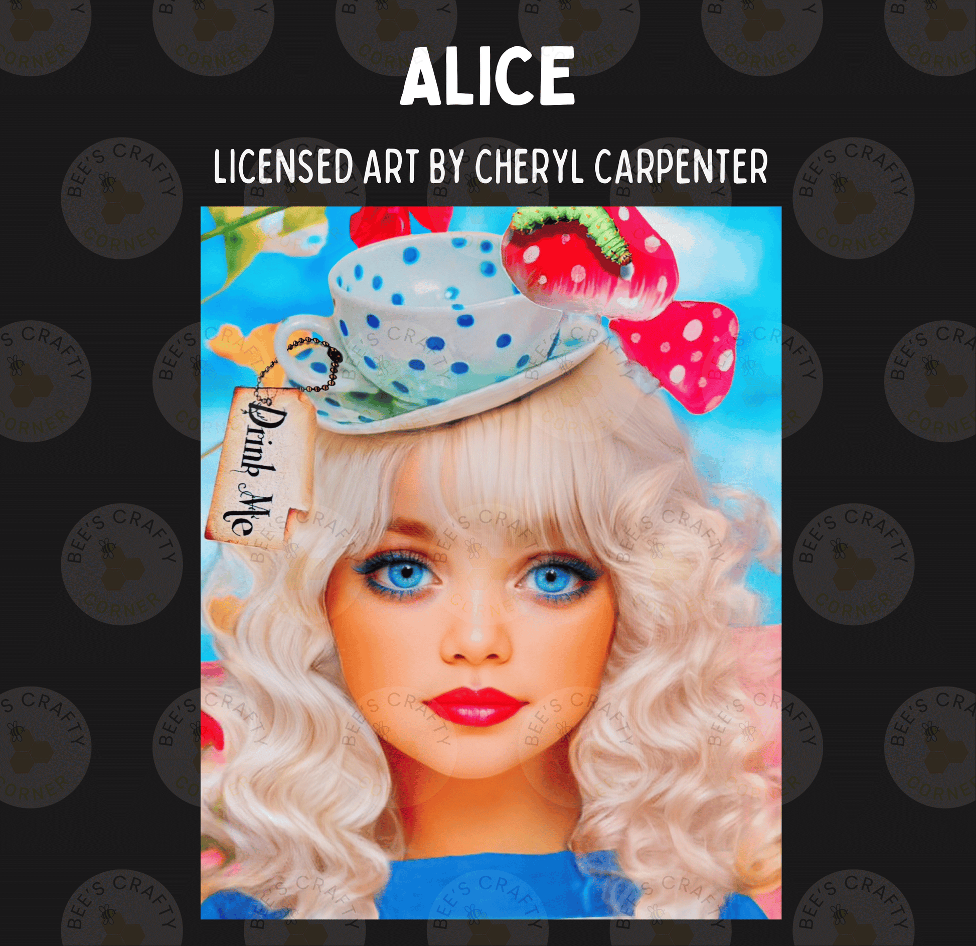 The image is a digital artwork featuring a close-up of a blonde woman with blue eyes wearing a hat with a teapot and a tag that says "Drink Me".